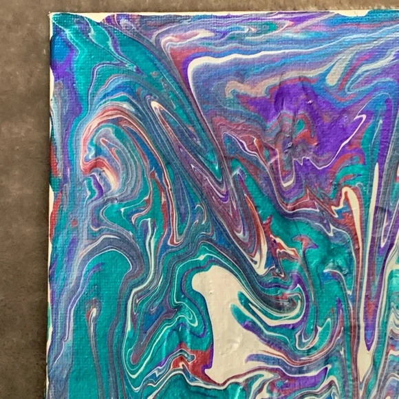 Original Paint Pour of wine, purple, teal and white on 8”x8” square canvas - Picture 3 of 7